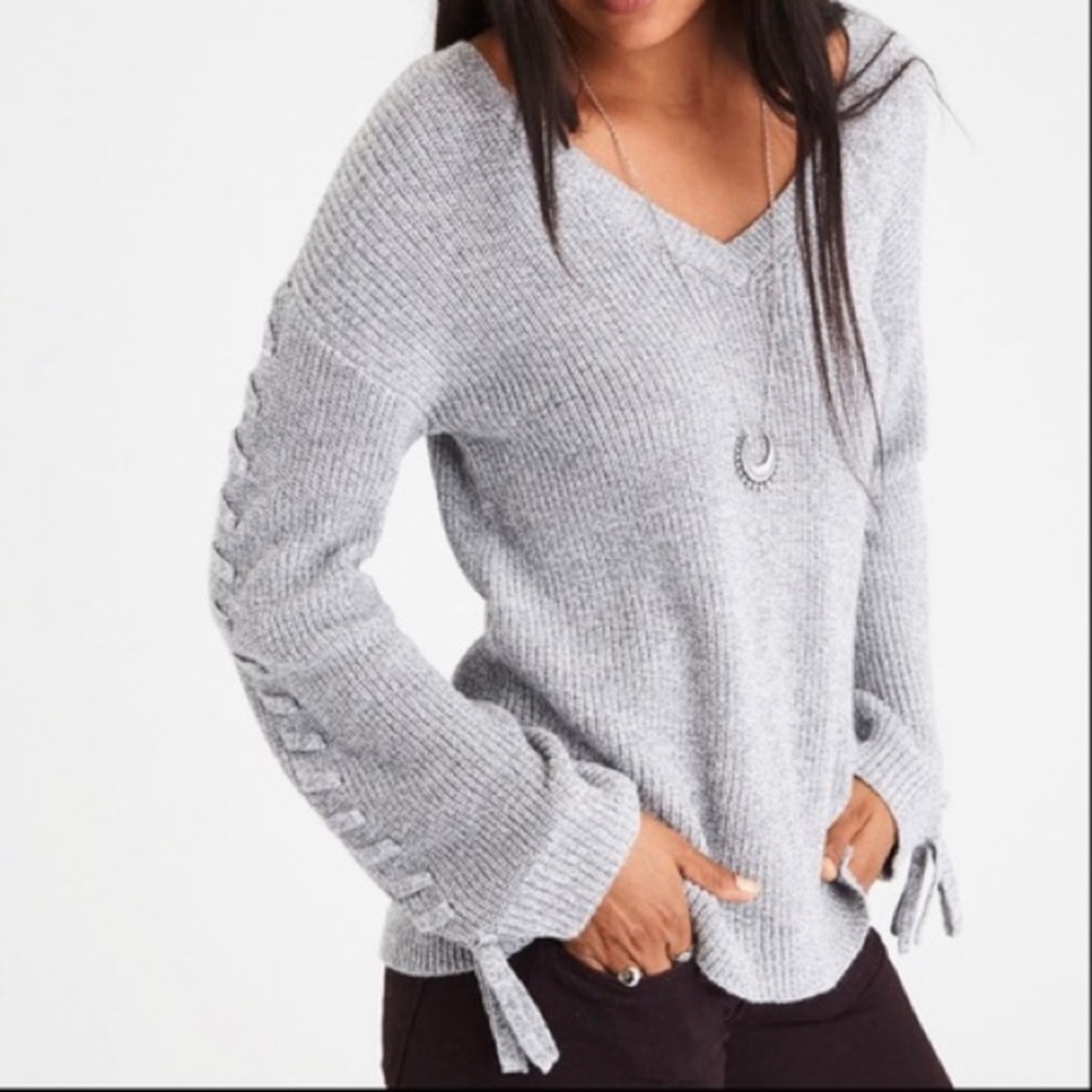 American Eagle wool blend v neck lace up sleeve sweater